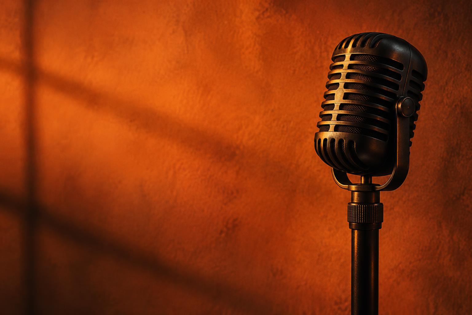 Broadcast microphone in an ember-colored studio